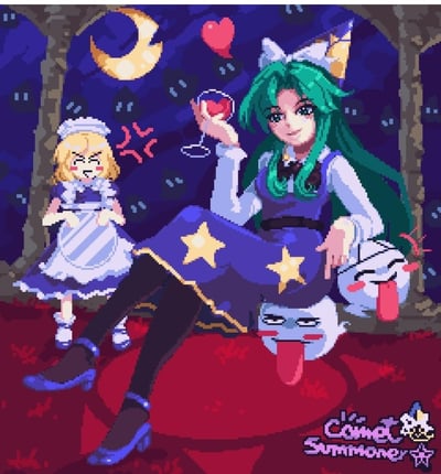这是一幅像素风格的原创二次元插画，夜晚的场景里，身着星纹蓝裙的绿发魔女惬意地坐着，将脚搭在吐舌搞怪的幽灵头上，手中端着盛有爱心的酒杯，神态带点小坏；一旁的金发女仆气得满脸通红，眉头紧皱、双手叉腰，显然对魔女和幽灵的调皮举动十分不满。背景是挂着弯月的深蓝色夜空，地面呈暗红色，烘托出夜晚的氛围。
没有双关、谐音梗或暗示类内容。
