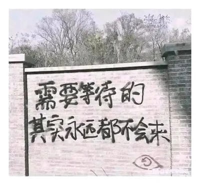 这是一张静态单图，属于原始拍摄的涂鸦类作品。画面主体是一堵灰色的砖墙，墙面上用黑色的手写字体涂鸦着文字“需要等待的其实永远都不会来”，在文字的右下角还有一个简单手绘的类似眼睛的图案。砖墙的后方是几棵枝干裸露、仅带有少量叶片的树木，整体画面色调偏冷，传递出一种落寞、怅然的消极情绪，表达了对“等待”这件事的失望与感慨，图中没有双关、谐音梗等特殊内容。