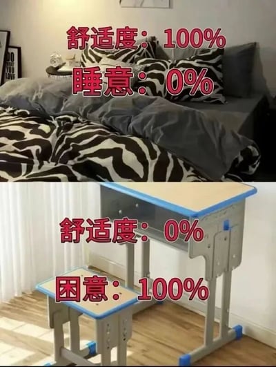 图片为上下对比结构，上半部分展示一张铺有斑马纹床单和灰色被子的舒适床铺，配有文字“舒适度：100% 睡意：0%”；下半部分是一张简单的学校课桌和小凳子，配有文字“舒适度：0% 困意：100%”。通过强烈的对比幽默地呈现了人们在舒适环境中难以入睡，却在不舒适的学习/工作环境中极易犯困的矛盾现象，引发学生和上班族的共鸣。