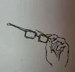 这是一幅简笔画作品，画面中用简单的黑白线条描绘了一只手握着一副眼镜的场景。线条简洁流畅，整体风格简约，没有多余的细节或背景元素，主要突出手部与眼镜的形态。