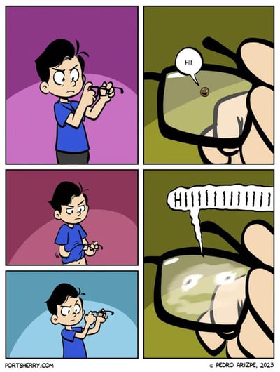 这是一则三行两列的连环卡通漫画，第一行左格：穿蓝色上衣的男孩皱着眉，疑惑地拿着自己的眼镜；第一行右格：凑近眼镜镜片，看到镜片上有个带着微笑表情的小污渍，它开口说“HI!!”。第二行左格：男孩皱着眉头，露出不满的神情，用衣服下摆擦拭眼镜；第二行右格：擦拭后，镜片上的痕迹变成了一长串的“HI!!!!!!!!!!!!!!!!!!”，原来那个拟人化的小污渍被擦开后，形成的痕迹看起来像是无数个重复的HI，用日常清洁眼镜的场景结合拟人化手法，制造出反差搞笑的效果。