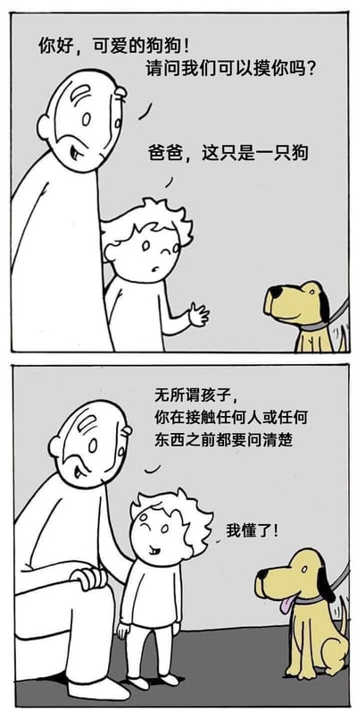 这是一幅由上下两格组成的连环卡通漫画，描绘了爸爸对孩子进行礼貌教育的场景。第一格中，爸爸对着一只被牵引的狗狗礼貌询问能否抚摸它，孩子疑惑地表示对方只是一只狗；第二格中，爸爸蹲下身，亲切地告诉孩子，无论接触的是人还是物品，在接触前都要先询问清楚，孩子听完后恍然大悟，表示自己懂了。狗狗在两格中的状态也有变化，从站立变为坐下吐舌头，显得放松。漫画通过这个暖心的场景，传达了尊重与礼貌的教育理念，强调无论对象是什么，都应保持基本的尊重与询问的习惯。