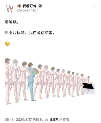 这是一张社交媒体截图梗图，展示了一个标题为"我在等待结婚"的图片。图中描绘了一长队赤裸男性站立着，只有最前面的男性穿着蓝色衣服并手持花束。在队伍的尽头，有一个人在水中，其身体部分被黑色 censorship bar 遮挡。图片上方有"请解读"的文字提示，下方有一个哭泣的表情符号，暗示了对结婚等待过程的无奈或失望情绪。