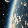 从太空视角拍摄的地球照片，右侧可见蓝色星球表面的云层与陆地纹理，左侧有一弯新月，背景是深邃的宇宙星空，布满闪烁的星辰，整体画面展现出宇宙的壮丽与宁静。