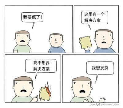 四格漫画描绘了一个幽默场景：绿衣人抓狂大喊“我要疯了！”，蓝衣人递上文件夹说“这里有一个解决方案”，绿衣人却点火烧掉文件夹并表示“我不想要解决方案”，最后直言“我想发疯”。漫画通过夸张对比展现了人们有时只想宣泄情绪而非解决问题的心态。