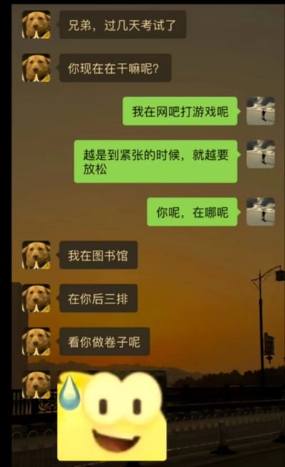 这是一张模拟微信聊天界面的静态梗图，围绕考前复习的场景展开对话：临近考试，狗头像用户主动询问滑雪头像用户的动态，滑雪头像用户称自己在网吧打游戏，还提出“越是到紧张的时候，就越要放松”的观点，随后反问对方位置。狗头像用户回复自己在图书馆，紧接着补刀“在你后三排，看你做卷子呢”，最后搭配一个流汗的尴尬表情包，将滑雪头像用户嘴硬放松实则在偷偷复习被抓包的社死场景拉满，通过考前两种状态的强烈反差，制造出搞笑幽默的效果，精准戳中学生群体考前复习的相关共鸣。