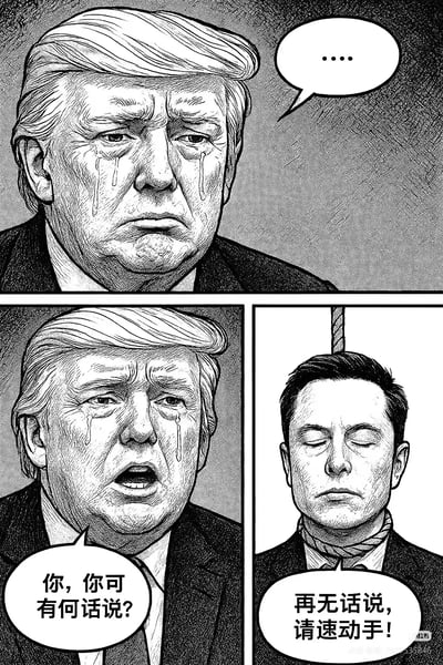 三格黑白漫画，改编自2025年爆火的'苦命鸳鸯'网络梗。上格中特朗普泪流满面，仅以省略号表达复杂情绪；左下格他情绪激动地质问'你，你可有何话说?'；右下格马斯克闭目决绝回应'再无话说，请速动手!'。画面采用原作标志性的粗线条黑白画风，将政治人物头部嫁接到原作角色身体上，形成强烈的反差喜剧效果。