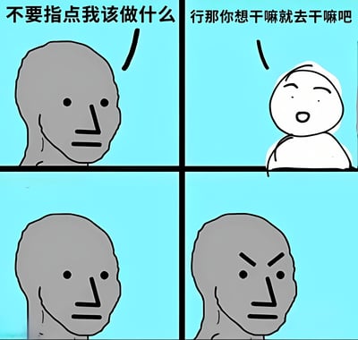 四格漫画，浅蓝色背景。第一格：灰色头部角色表情愤怒，上方文字“不要指点我该做什么”；第二格：白色头部角色表情平静，上方文字“行那你想干嘛就去干嘛吧”；第三格：灰色头部角色表情困惑；第四格：灰色头部角色眉头紧锁，表情愤怒。展现了逆反后被允许却反而生气的矛盾心理。