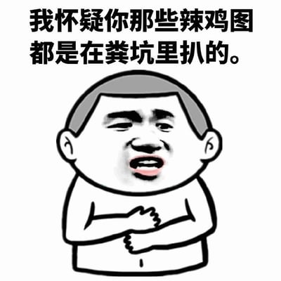 图片中是一个卡通人物形象，有着短发和愤怒的表情，双臂交叉在胸前。上方配有文字“我怀疑你那些辣鸡图都是在粪坑里扒的。”，整体呈现出一种强烈的吐槽和嘲讽意味，用于表达对他人分享的图片质量的不满。