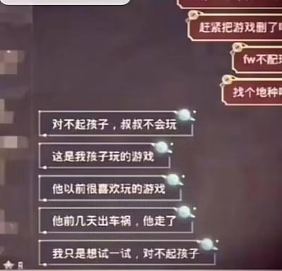 这是一张游戏内的聊天记录截图：画面右侧是队友因玩家操作不佳发出的辱骂性言论，包括「赶紧把游戏删了」「fw不配玩」「找个地种」；画面左侧是操作不佳的玩家的回复，表明自己是离世孩子的父亲，孩子前几天因车祸去世，这是孩子生前喜欢玩的游戏，自己只是想尝试孩子喜爱的事物，因不会玩所以操作不好，不断道歉。整个对话从一开始的暴躁辱骂，转变为令人心酸的情感冲击，通过对话反差带来强烈的共情效果，揭露了网络暴力的冰冷与亲情温暖的对比，无谐音梗或双关内容。