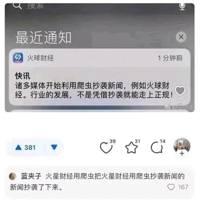 图片为社交媒体截图，显示火球财经发布的“最近通知”弹窗，内容称“诸多媒体开始利用爬虫抄袭新闻，例如火球财经”，并批评“行业的发展不是凭借抄袭就能走上正规”。下方评论区中，用户“蓝夹子”留言讽刺：“火星财经用爬虫把火星财经用爬虫抄袭新闻的新闻抄袭了下来”，形成“指责抄袭者自身抄袭”的荒诞效果。截图包含互动数据：381点赞、39喜欢、31收藏、14评论，右上角有水印“@王小明”。