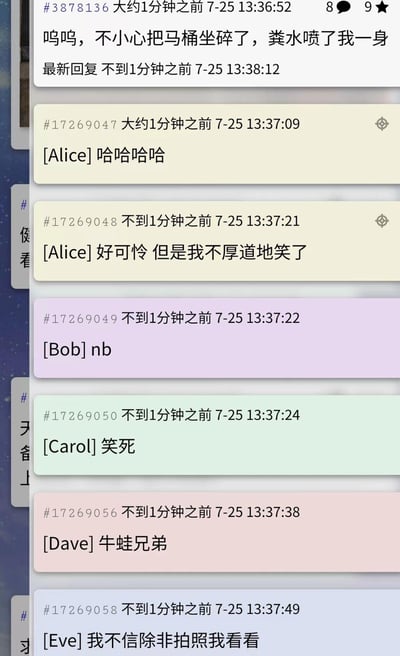 这是一张聊天记录截图，显示了一位用户发布的内容："呜呜，不小心把马桶坐碎了，粪水喷了我一身"，随后其他用户[Alice]、[Bob]、[Carol]、[Dave]和[Eve]纷纷回复，表达了各种反应，包括大笑、同情又想笑、惊叹、调侃等。所有消息的时间戳都集中在2023年7月25日13:36至13:38之间。