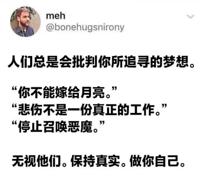 这是一张Twitter（现X平台）的截图，显示用户meh（@bonehugsnirony）发布的一条推文。推文内容围绕人们对他人梦想的批判展开，列举了“你不能嫁给月亮。”“悲伤不是一份真正的工作。”“停止召唤恶魔。”等具有比喻意义的批判言论，最后以“无视他们。保持真实。做你自己。”的励志话语结尾，鼓励人们坚持自我，不受外界负面评价的影响。