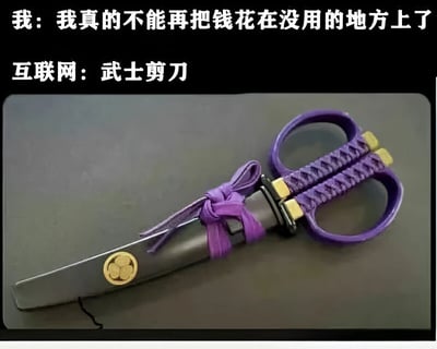 图片上方文字为“我：我真的不能再把钱花在没用的地方上了”，表达了下定决心节省开支、不再乱花钱的心态；下方文字“互联网：武士剪刀”则形成鲜明对比，暗示互联网上诱人的商品总能让人破功。图片主体是一把设计成武士刀风格的剪刀，紫色编织手柄，刀刃处有金色徽章装饰，并用紫色丝带捆绑，整体造型独特且具有吸引力，幽默地展现了人们在省钱决心与购物诱惑之间的矛盾。