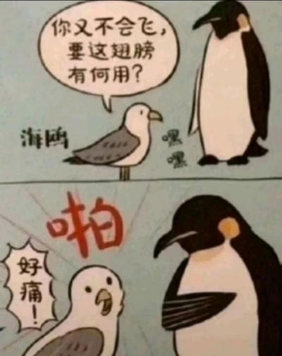 这是一幅上下分栏的连环卡通漫画，上栏中，站在左侧的海鸥带着嘲讽的语气对右侧的企鹅说道：“你又不会飞，要这翅膀有何用？”，企鹅则在一旁发出“嘿嘿”的坏笑声；下栏里，企鹅用自己的翅膀狠狠扇向海鸥，伴随“啪”的一声响，被打的海鸥捂着脑袋，一脸痛苦地喊出“好痛！”，用实际行动反击了海鸥的嘲讽，证明自己的翅膀并非毫无用处。