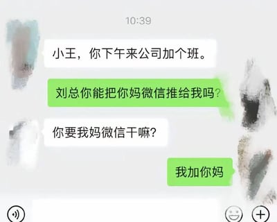 图片展示了一段发生在10:39的聊天对话，绿色背景的微信聊天界面中，刘总发送消息“小王，你下午来公司加个班。”要求下属加班。小王则以“刘总你能把你妈微信推给我吗？”回应，在刘总追问“你要我妈微信干嘛？”后，小王回复“我加你妈”。

这里运用了谐音梗：“我加你妈”的发音与“我加班吗”相近，表面上是要添加对方母亲的微信，实则通过谐音幽默地拒绝了加班要求，形成职场中常见的“反向拒绝”搞笑场景。