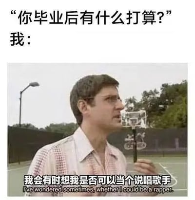 这张梗图以“你毕业后有什么打算”为主题，上方为常见提问，下方配有“我”字和一位年轻男子在户外篮球场的截图配字幕，回答是“我会有时想我是否可以当个说唱歌手”。画面气质轻松幽默，将许多毕业生面对前途时的迷茫与理想化梦想进行对比，非常适合用来调侃自己对未来没有清晰规划时的无奈与天马行空。

没有明显的双关或谐音梗，更多是自嘲式幽默。