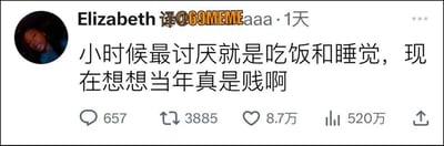 这张梗图仿照社交媒体推文风格，内容讲述小时候最讨厌吃饭和睡觉，但长大后才发现那才是最幸福简单的时光。表达了成年人对童年单纯快乐生活的怀念和无奈，适合吐槽生活压力或怀旧的场合。画面风格幽默自嘲，语气中略带调侃和真心的怀旧。

没有谐音梗或者双关，属于典型生活共鸣型段子。