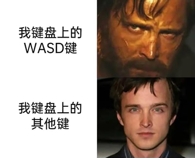 这是一张针对PC端游戏玩家的搞笑对比梗图，采用上下分栏的图文混排形式。上半栏用美剧《绝命毒师》中面容沧桑、状态疲惫的沃尔特·怀特的肖像，对应文字“我键盘上的WASD键”，调侃这类玩家在游戏中高频使用WASD键进行移动操作，导致按键被过度使用、损耗严重；下半栏用剧中面容年轻、状态崭新的杰西·平克曼的肖像，对应文字“我键盘上的其他键”，表现这些键位因使用频率极低，始终保持着“全新”的状态，精准戳中了PC游戏玩家的日常使用习惯，充满趣味。