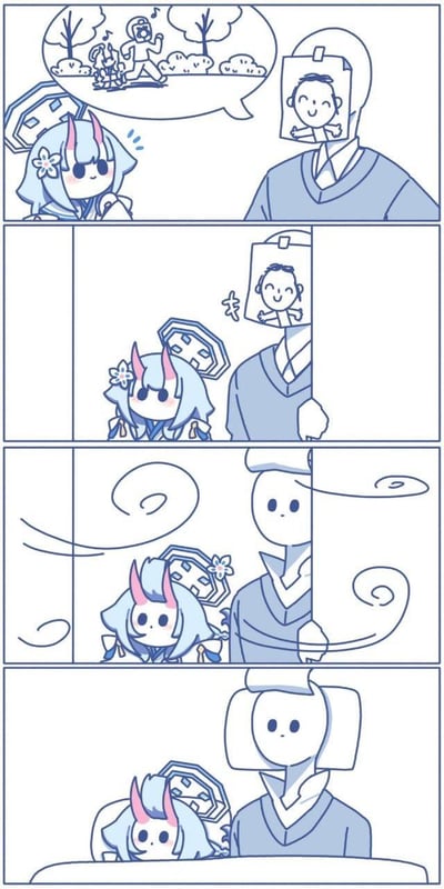 这是一则四格连环漫画，剧情如下：
1. 第一格：蓝发带角的女孩一脸期待地对着头上贴着人脸卡片的人，对话气泡里呈现两人一起拍照的场景，女孩表达了想和对方一起拍照的愿望；
2. 第二格：头上贴人脸卡片的人开始揭下卡片；
3. 第三格：人脸卡片被完全取下，露出一张没有五官的空白脸，周围有气流特效，女孩露出惊讶的表情；
4. 第四格：无脸人将自己的脸展开成相框形状，让女孩钻到相框内，最终两人组合成类似拍立得照片的样子，完成了女孩的拍照心愿。
漫画以可爱的二次元画风和无厘头的脑洞剧情制造笑点，没有双关或谐音梗。