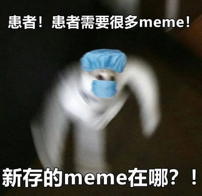 这是一张经过二次创作的搞笑meme图，主体是一只动作模糊、姿态焦急的白色猫咪，被网友P上了蓝色的医用手术帽与口罩，模拟出医护人员的形象。图中上下分别配有文字“患者！患者需要很多meme！”与“新存的meme在哪？！”，用类似急救的夸张语气，调侃了网络冲浪人群对新meme内容的迫切需求，将“缺少新meme”的状态夸张成需要紧急处理的病症，精准贴合了当代网友的“meme饥渴”日常，整体风格诙谐幽默，充满网络文化的趣味性。