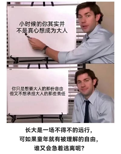 这是一张上下拼接的文字meme图，使用美剧《办公室》（美国版）的角色画面改编，分为上下两部分：上方部分中，角色吉姆手持马克笔指着写有文字的白板，白板文字内容为“小时候的你其实并不是真心想成为大人”；下方部分中，吉姆站在白板旁微笑看向镜头，白板文字内容为“你只是想要大人的那份自由 但又不想承担大人的那些责任”；图片底部额外添加了总结性文字：“长大是一场不得不的远行，可如果童年就有被理解的自由，谁又会急着逃离呢？”，整体内容表达了对童年和长大的感悟，点出了小时候想成为大人的真实心态是向往自由而非承担责任，容易引发大众共鸣。