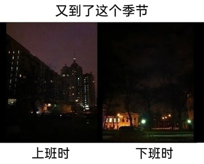 这张图片是一张图文混排的左右对比图，顶部配有文字“又到了这个季节”，下方左侧是标注“上班时”的城市居民区实拍夜景，画面里高楼林立，部分住户和楼体的灯光亮起，此时天色未亮，呈现出秋冬季节清晨天黑的状态；右侧是标注“下班时”的户外实拍夜景，画面里有树木、低矮建筑和亮着的路灯，天色同样漆黑，是秋冬季节夜晚的场景。整张图通过对比上班和下班时都是黑夜的画面，精准吐槽了秋冬季节昼短夜长，职场人早出晚归、通勤两头都见不到太阳的无奈日常，戳中了众多职场人的共鸣点。