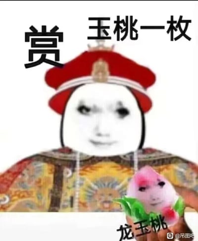 这是一张经过P图改编的搞笑网络表情包，画面主体是穿着清代帝王龙袍、戴着官帽的人脸化熊猫头形象，表情戏谑，上方配文“赏 玉桃一枚”；右下角的粉色玉桃被P上了人脸，标注“龙玉桃”，整体模仿古代帝王赏赐物品的场景，通过将桃子人脸化、搭配搞怪的帝王形象，制造出荒诞、滑稽的效果，多用于社交平台的调侃、玩闹语境中。