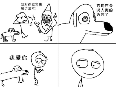这是一幅四格卡通梗图，第一格中，一个表情夸张的巫师手持法杖，对着一脸疑惑的狗主人宣称“我对你家狗施展了法术！”；第二格特写被施法后的狗狗，配文说明“它现在会说人类的语言了”；第三格中，狗狗对着主人开口说出“我爱你”，主人露出惊讶又期待的神情；第四格是主人的特写，他眼神柔和，脸上带着欣慰又温暖的微笑。整个梗图通过让狗狗开口说情话的温情反转，制造出暖心又治愈的效果。