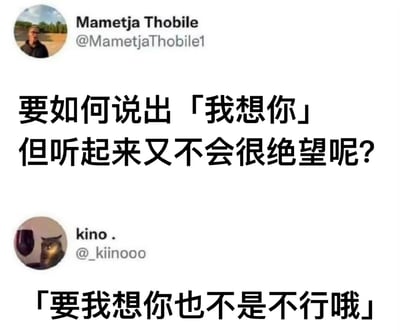 这是一张社交媒体截图，展示了Twitter上的一段对话。上方用户Mametja Thobile（头像是户外人物照）提问：“要如何说出「我想你」但听起来又不会很绝望呢？” 下方用户kino.（头像是猫头鹰与酒杯）回复：“「要我想你也不是不行哦」”。对话通过幽默的方式呈现了人们在表达思念时既想传达情感又怕显得过于卑微的矛盾心理，回复中的“不是不行”带有傲娇感，轻松化解了原问题的沉重感。