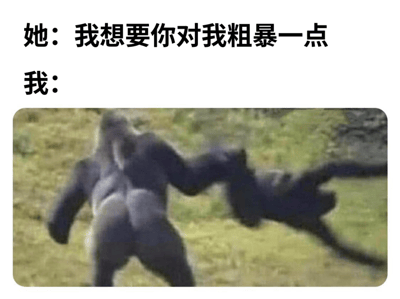 图片上方为两行文字对话，第一行“她：我想要你对我粗暴一点”，第二行“我：”，下方配有一张大猩猩用手臂粗暴地甩动另一只动物的图片。通过文字与图片的结合，形成幽默的反差效果，表现“我”对“粗暴一点”的夸张理解和反应。