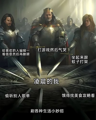 图片采用中世纪史诗风格构图，中央是一位头戴金冠、身披红色披风的国王，两侧各站立一名全副武装的骑士，三人共同将宝剑插入面前的圆形石桌。背景中隐约可见更多骑士剪影，整体画面笼罩在神圣的光束中，营造出庄严神圣的氛围。然而这种史诗感与图中的文字内容形成强烈反差——围绕圆桌的七句文字描述了现代人深夜的各种琐碎行为：给喜欢的人编辑信息又删除、打游戏气哭、跟蚊子打架、偷听歌单、饿了看美食攻略、刷生活小妙招，而中央文字"凌晨的我"点明主题，用中世纪骑士宣誓般的庄重场景来调侃当代年轻人深夜不睡觉的状态，幽默地展现了理想与现实的反差。