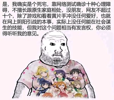 图片中是一个卡通风格的肥宅形象，头部为简单线条绘制的光头、胡须，表情严肃。身穿印有多个动漫少女图案的粉色T恤。上方配有大段自嘲文字，内容描述自己是死宅，通过网络测试确诊多种心理障碍，不擅长与原生家庭相处，朋友少，爱好仅限游戏和不良内容，仅擅长网络阴阳引战却声称对问题有发言权。整体通过夸张的自我贬低和矛盾的态度制造讽刺幽默效果。