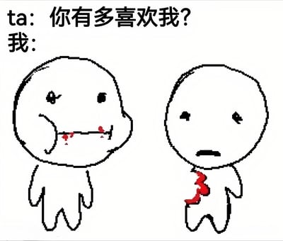 这是一张像素风格的搞笑梗图，上方文字区域分为两部分，左侧为'ta: 你有多喜欢我？'，右侧为'我:'。图片下方是两个简单的像素小人形象，左侧小人单眼眯起，嘴角带有红色血迹，表情狡黠；右侧小人双眼下垂，脖子处有红色血迹，表情悲伤。通过左右人物表情和状态的夸张对比，以幽默方式回应了上方的提问。