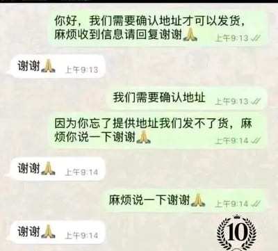 这是一张聊天记录截图，展示了一段充满幽默误解的对话。卖家多次发送消息请求确认收货地址以便发货，内容包括“你好，我们需要确认地址才可以发货，麻烦收到信息请回复谢谢🙏”“因为你忘了提供地址我们发不了货，麻烦你说一下谢谢🙏”等，而对方始终只回复“谢谢🙏”，重复多次。截图右下角有一个带有桂冠图案的“10”字样，可能象征着“谢谢”回复的次数。整个对话通过一方执着索要地址与另一方仅以“谢谢”回应的反差，营造出搞笑又无奈的氛围。