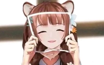 图中是一位棕色长发的动漫少女，头顶有白色猫耳，头发两侧别着蓝色和橙色的花朵发饰。她双手举着一个方形框架，正好框住自己的脸，双眼紧闭，嘴角上扬，露出治愈的微笑。背景为模糊的浅色，突出人物主体，整体画面风格可爱清新，充满二次元萌系元素。