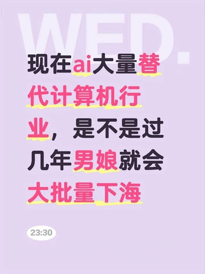 这是一张浅紫色背景的纯文字单图，顶部印有半透明白色的“WED.”字样，左下角白色椭圆形框内标注了时间“23:30”；主体文字内容为“现在ai大量替代计算机行业，是不是过几年男娘就会大批量下海”，其中部分关键词使用粉红色字体搭配黄色下划线做了高亮处理，内容是带有调侃性质的观点，开玩笑称AI发展替代大量计算机行业工作后，原本从事计算机行业相关的男娘群体会失去工作，转而进入色情行业“下海”。