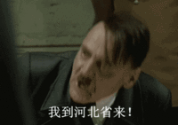 电影《帝国的毁灭》中希特勒发怒片段的恶搞截图，画面中希特勒表情愤怒，下方配有经典空耳字幕“我到河北省来！”，是“元首之怒”鬼畜文化的标志性内容之一，通过幽默的字幕改编解构严肃历史场景，达到嘲讽效果。