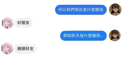这是一张模拟聊天场景的搞笑梗图，图中包含两位卡通女性角色的四轮对话：棕发角色先向粉发角色询问“所以我们现在是什么关系”，粉发角色回复“好朋友”；棕发角色接着追问“那你昨天为什么亲我...”，粉发角色则玩起中文谐音双关梗，将“亲过的朋友”曲解为常用词汇“亲朋好友”，用冷笑话的方式回应了对方的疑问，笑点在于利用中文词汇的拆分与谐音制造出的反差感。