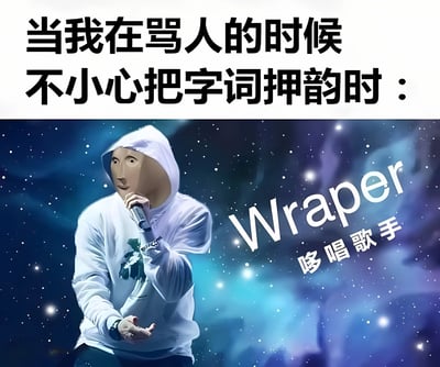 这张梗图分为上下两部分。上半部分是黑色加粗文字："当我在骂人的时候不小心把字词押韵时："。下半部分是一个戴着白色连帽衫的人物形象，手持麦克风，背景是星空效果。人物右侧有白色文字"Wrapper"和"哆唱歌手"，通过谐音和视觉效果，幽默地表现了普通人在骂人时意外押韵的有趣场景，暗讽自己瞬间变成了"说唱歌手"。