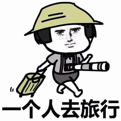 图片中是一个卡通风格的人物形象，头部采用了真实人类的面部表情（典型的网络迷因脸），戴着一顶浅色系的帽子，身穿灰色短袖上衣和黑色短裤。人物正处于奔跑状态，左手拖着一个黄色的行李箱，右手则拿着一个长焦相机，整体姿态充满动感。图片底部配有黑色粗体文字“一个人去旅行”，直观表达了独自出行的主题。画面风格轻松幽默，通过卡通与真人面部的结合营造出诙谐效果。