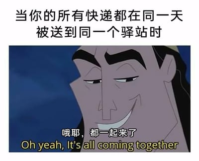 这是一张经过二次创作的表情包，上方用中文文字设定场景：“当你的所有快递都在同一天被送到同一个驿站时”，下方是迪士尼动画《变身国王》中的角色库斯德的截图，角色露出得意又满足的笑容，搭配台词“哦耶，都一起来了 Oh yeah, It's all coming together”，精准地表达了网购用户面对所有快递集中送达驿站时的愉悦心情，不用多次奔波取件，一次就能收齐所有快递的爽感被这个表情和台词完美诠释，非常贴合当代网购人群的日常体验。