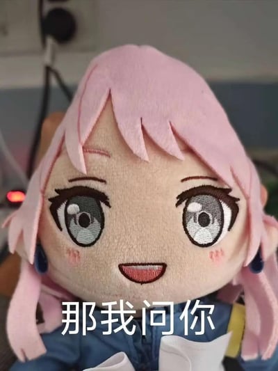 这是一张ACG周边毛绒玩偶的表情包，主体是《BanG Dream! It's MyGO!!!!!》里千早爱音的毛绒玩偶，玩偶有着粉色头发和大大的刺绣眼睛，脸上带着开心期待的笑容，脸颊还有淡淡的红晕。图片下方配有文字“那我问你”，营造出好奇、想要发起提问的氛围，适合在聊天时用来开启对话或者抛出问题，增添交流的趣味性。图中没有双关、谐音梗或暗示内容。