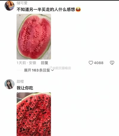 社交媒体截图展示了两位网友关于西瓜的有趣互动。第一位用户"储可爱"发布了一张西瓜照片并配文"不知道另一半买走的人什么感想"，带有一个哭笑不得的表情。该条内容获得了4088个点赞和163条回复。第二位用户"甜橙"则发布了另一张西瓜照片，配文"我让你吃"，形成了有趣的互动对比。两张西瓜照片中，一张瓜瓤呈现不寻常的密集纹路，另一张则是正常的带籽西瓜，引发网友对西瓜品质的调侃。