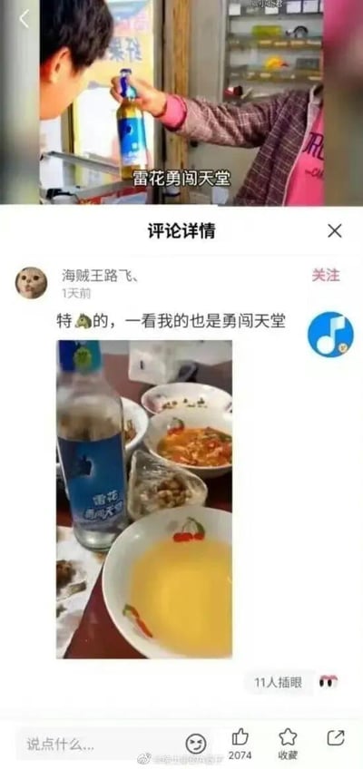 这是一张来自微博的社交平台评论截图，分为上下两部分：上方是一名用户手持一瓶模仿雪花“勇闯天涯”的山寨啤酒，瓶身标注“雷花勇闯天堂”，配文同样为“雷花勇闯天堂”，用“雷花”谐音“雪花”、“天堂”替换“天涯”，制造出搞笑的山寨商品效果；下方是网友“海贼王路飞、”的评论，配文“特🐴的，一看我的也是勇闯天堂”，并附上自己餐桌上的同款山寨啤酒实拍图，瓶身清晰显示“雪花 勇闯天堂”，评论区显示有11人插眼，该评论获得2074个点赞。整个内容围绕山寨啤酒的搞笑命名展开，是网友分享的生活踩雷趣事，通过谐音梗制造笑点，引发同款经历网友的共鸣。
