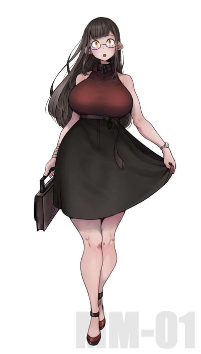 一张动漫风格的职场女性插画，角色有着黑色长发，戴着黄色镜片的眼镜，表情惊讶。她穿着棕色无袖高领上衣和黑色短裙，左手提着棕色手提包，右手轻轻提起裙摆，脚上穿着红色高跟鞋。整体画风细腻，角色身材比例夸张，展现出典型的动漫美少女特征。