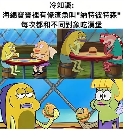 这是一张关于《海绵宝宝》动画的趣味截图拼接梗图，展示了黄色鱼角色"纳特彼特森"与不同的鱼伴侣在餐厅吃汉堡的场景。图片上方配有文字说明："冷知识：海绵宝宝里有条渣鱼叫'纳特彼特森'每次都和不同对象吃汉堡"，通过展示该角色与多个不同伴侣约会的画面，幽默地将其定义为"渣鱼"。