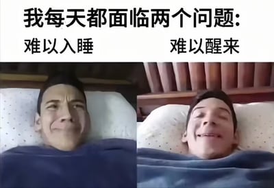 这张梗图采用左右分栏的对比形式，上方配有文字“我每天都面临两个问题：难以入睡 难以醒来”。左侧画面是一名男生皱着眉头、满脸烦躁地躺在床上，生动呈现出“难以入睡”时的焦虑状态；右侧则是该男生闭着眼睛、一脸满足慵懒的躺卧模样，对应“难以醒来”的赖床状态，精准戳中当代人作息紊乱、睡眠困扰的日常，极易引发共鸣。