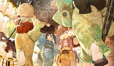 这是一幅《蔚蓝档案》的同人插画，描绘了游戏中的战术学生们置身日式夏日祭典的热闹场景：
- 左侧金发双马尾的小鸟游星野光着脚，背着一把步枪，浴衣背后系着大红色蝴蝶结，站在写有“千年”的祭典灯笼旁；
- 中间的黑发角色黑馆晴奈举着木屐，一脸兴奋地抬头看向上方；
- 右侧粉发的陆八魔爱露带着无奈窘迫的神情，显得有些局促；
- 画面右侧的高大角色空崎日奈举着绘有神兽图案的和伞，半遮着身体。
背景是夜空中绽放的烟花，远处是城市建筑，整体将游戏里的战斗角色与和风祭典的休闲氛围结合，充满反差萌的趣味。