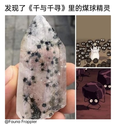 这是一张由三张图片拼接而成的趣味对比图，左侧是一只手握着的天然水晶矿石，水晶内部生长着大量黑色放射状的矿物结晶，这些结晶从中心向外发散的形态，和宫崎骏经典动画《千与千寻》里的煤球精灵（小煤灰）的外形高度相似；右上角的动画截图展示了一群煤球精灵围着白色小老鼠的场景，右下角的截图则呈现了煤球精灵背着石块的经典画面。图片顶部配有文字“发现了《千与千寻》里的煤球精灵”，直接点出两者的相似性，将自然形成的地质奇观和广为人知的动漫角色联系起来，既展现了天然矿石的奇特美感，又唤起了动漫爱好者的童年回忆，充满趣味性和创意。